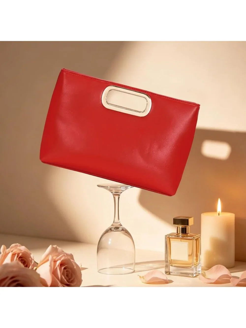 Women's Red Clutch Handbag Modern Faux Leather with Metal Handle Evening Bag